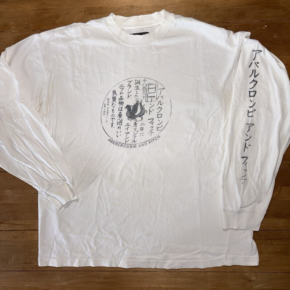 Vintage Abercrombie & Fitch Mens L White Japanese Logo Long Sleeve T Shirt 90s